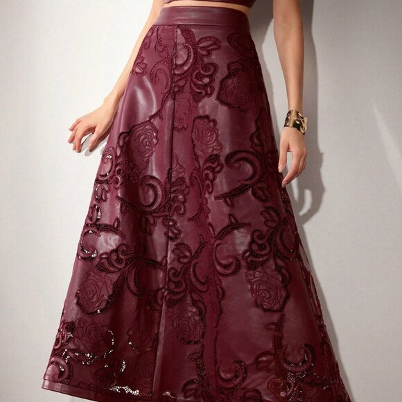 Burgundy Elegant Women's Faux Leather Embroidered High Waist A-Line maxi Skirt - Picture 2 of 7